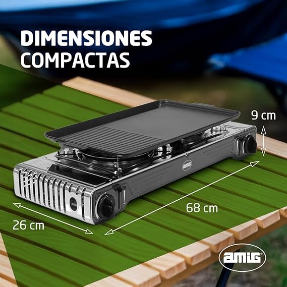 Hornillo Camping Gas con 2 Quemadores y Plancha Parrilla de Fundición - Opiniones Amig.