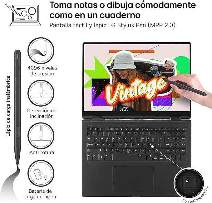 Portátil ultraligero LG Gram Pro 2 en 1 16T90SP-K.AA75B - Panel OLED de 16" 2880x1800, Intel Core Ultra 7, 16GB RAM, 512GB SSD, Windows 11 - Opiniones y características.