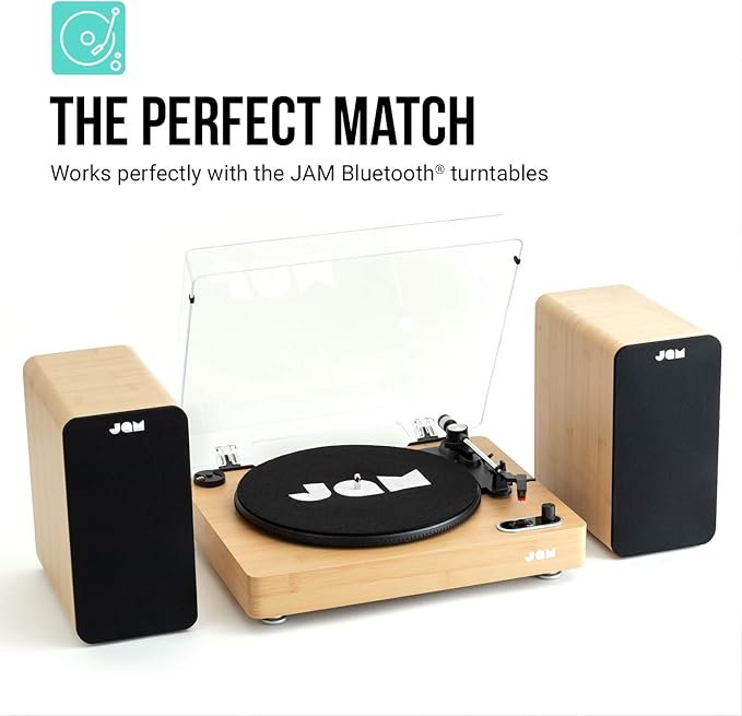 Altavoces Jam BT Bookshelf de madera con calidad de sonido premium.