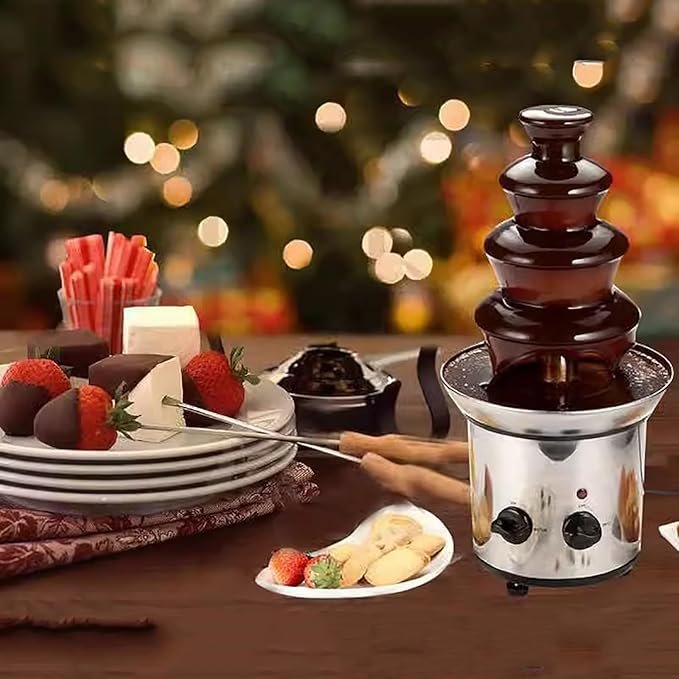 Máquina eléctrica de fuente de chocolate, torre de fondue de chocolate de 4 niveles. Deléitate con deliciosas cascadas de chocolate con nuestra máquina de fuente de chocolate de alta calidad. ¡Sorprende a tus invitados con una experiencia única de fondue de chocolate con nuestra torre de 4 niveles!