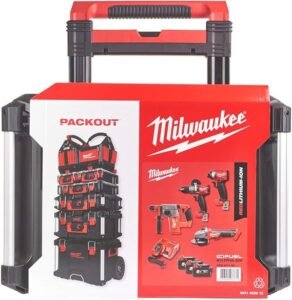 Set de herramientas Milwaukee Fuel de 18V junto con un práctico trolley M18 FPP4B-503P en color rojo y negro. ¡El kit perfecto para tus proyectos! #Milwaukee #setherramientas #trolleyMilwaukee #herramientasprofesionales