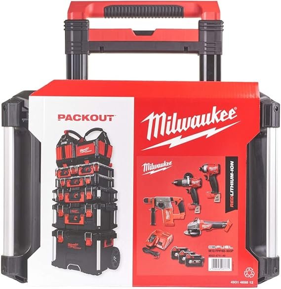 Set de herramientas Milwaukee Fuel de 18V junto con un práctico trolley M18 FPP4B-503P en color rojo y negro. ¡El kit perfecto para tus proyectos! #Milwaukee #setherramientas #trolleyMilwaukee #herramientasprofesionales