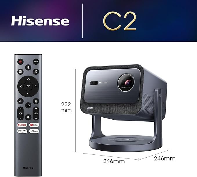 Opiniones Hisense C2 - Mini Proyector Laser UHD 4K Smart TV de Tiro Largo, de 65 a 300 Pulgadas, Dolby Vision Atmos, Audio JBL con Subwoofer.