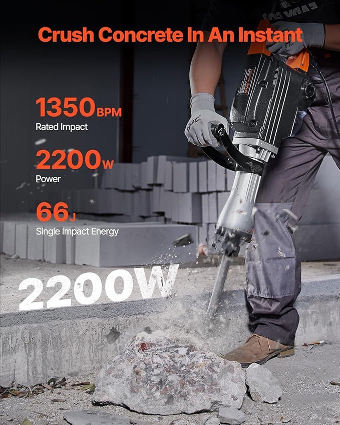 Martillo de demolición VEVOR - Potente triturador de hormigón de 2200 W, 1350 BPM | Incluye 6 cinceles con funda | Martillo eléctrico profesional
