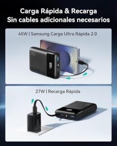 Opiniones INIU 45W Power Bank, 20000mAh Batería Externa Carga Rapida con Cable USB-C Integrado, Computadora Portátil Pequeño.