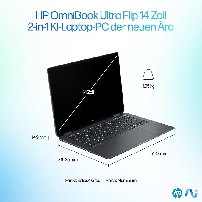 Opiniones y características de la laptop HP OmniBook Ultra Flip 14-fh0174ng - Portátil Intel Core Ultra 7, pantalla de 14" y resolución de 2880 x 1800 Pixel.