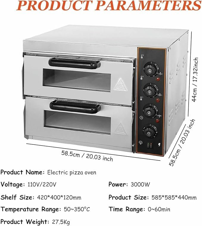 Horno de pizza eléctrico de encimera para interiores con temporizador de 60 minutos, puerta de vidrio y luz interior. El complemento perfecto para tus cenas en casa. ¡Cocina como un profesional!