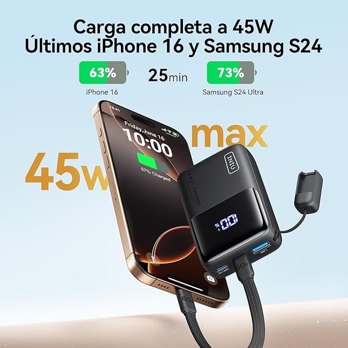 INIU Power Bank 45W 10000mAh Mini Cargador Portátil para Computadora - Opiniones y Reseñas - Cable Salida USB-C In&Out