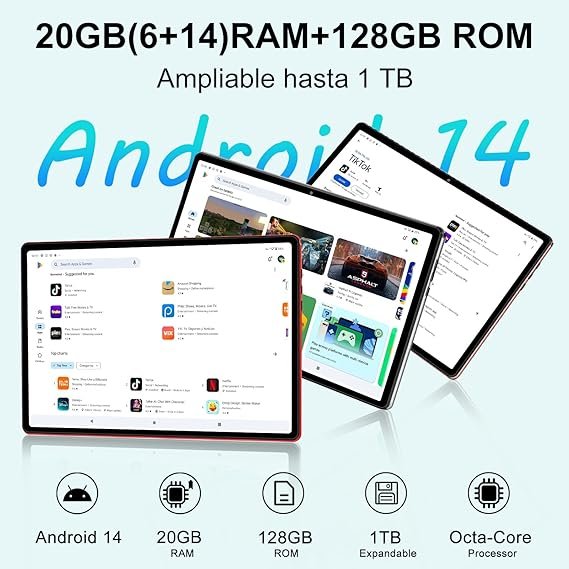Opiniones Tablet 10 Pulgadas Android 14 Octa-Core, 20GB RAM + 128GB ROM (1TB TF), Widevine L1, 5G+2.4G WiFi 6 - Descubre la mejor tablet con un potente procesador y gran capacidad de almacenamiento. Con Widevine L1 y WiFi 6 para una experiencia de uso excepcional. ¡Hazte con ella ahora!