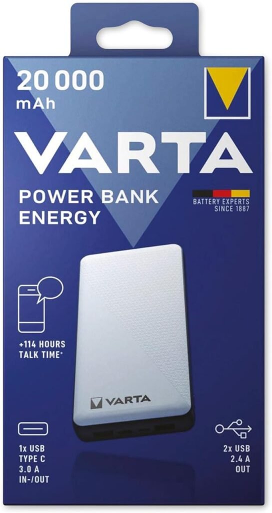 Power Bank Varta Energy de 20.000 mAh con cable de carga incluido, opiniones y características. Entrada Micro-USB y 2 salidas USB A. ¡Carga tus dispositivos con total comodidad!