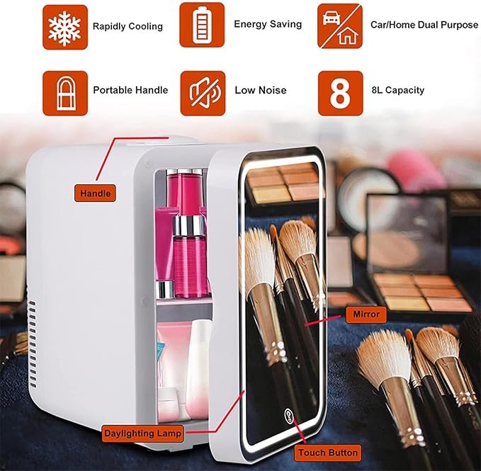 Nevera portátil de 8L con espejo LED perfecta para dormitorio, coche y hogar - Ideal para almacenar tus productos de skin care - ¡La mejor opción!