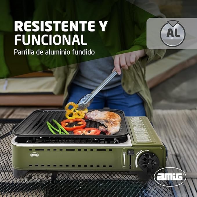 Opiniones Amig - Camping Gas | Cocina Portatil | Kit Hornillo Grill - Parrilla Fundicion Aluminio + Plancha Con Tapa Cocción - Producto de alta calidad para camping y exteriores. ¡Cocina deliciosas comidas donde quiera que vayas!