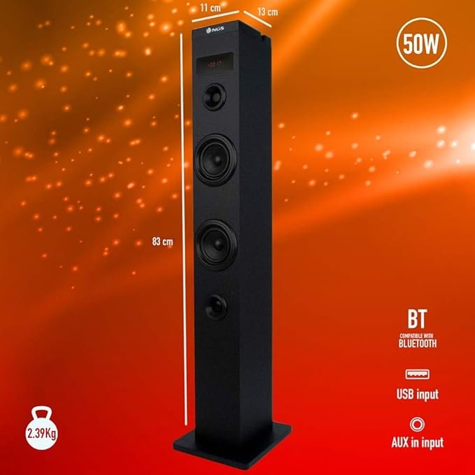 Altavoz torre Bluetooth NGS Sky Charm: Potencia de 50W, diseño elegante y multifuncional.