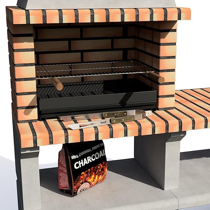 Barbacoa de Obra Prefabricada de Leña y Carbón MOVELAR Modelo Sines XL - Opiniones y características - Gris y Naranja - 144 x 58 x 200 cm.