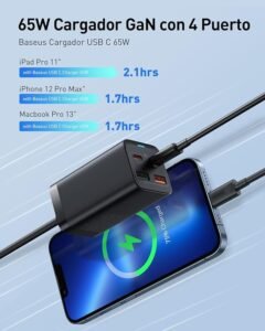 Cargador USB C rápido de 65 W Baseus - Opiniones y características del PD GaN3 Fast Wall Block. Compra ahora la estación de carga con 4 puertos [2 USB-C + 2 USB] y 5 pies de cable.