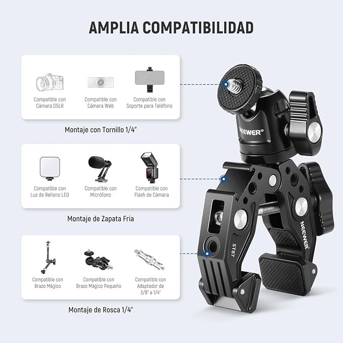 NEEWER Súper Abrazadera con Cabezal Esférico, Zapata Fría, Teléfono Soporte y Adaptador de Montaje de Cámara Acción para Superficie Plana/Redonda - Opiniones y Análisis - Producto Recomendado