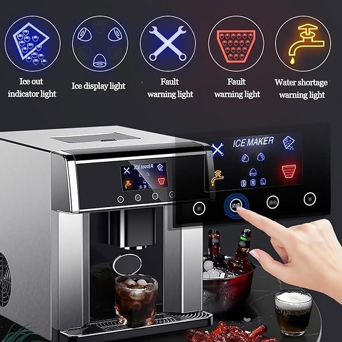 Fabricante de Cubos de Hielo de encimera, Fabricante de Hielo 2 en 1 y dispensador de Agua fría, 15 kg/24h Fabricante de Hielo para el hogar, Entrada de Agua Dual, 3 tamaños de Hielo - ¡Obtén hielo fresco y agua fría en un solo dispositivo! Perfecto para el hogar, este fabricante de hielo de encimera puede producir hasta 15 kg de hielo en 24 horas. Con entrada de agua dual y la capacidad de dispensar 3 tamaños de hielo, ¡nunca te quedarás sin hielo para tus bebidas favoritas!