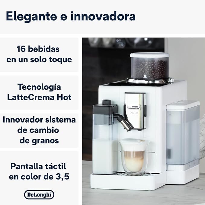 DeLonghi Rivelia EXAM44055W: Cafetera superautomática con espumador de leche. ¡Hazte con la tuya ahora y disfruta del mejor café en casa! - imagen del producto.