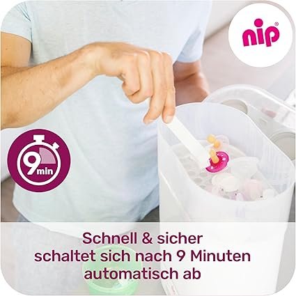 Esterilizador de biberones NIP: vaporizador para hasta 6 botellas, chupete + accesorios.