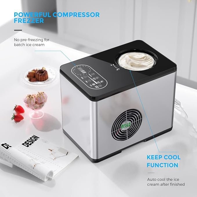Máquina para Hacer Helados doméstica y Comercial Automática de Acero Inoxidable - Opiniones GHRERTX - Barril de 1,5 l y Paleta mezcladora Desmontable.