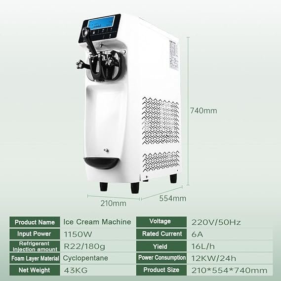 Máquina de helado comercial de 1150 W (14-16 L/H) con pantalla de operación LCD de 5 pulgadas y lavabo de material de 7,2 L - Opiniones y características completa.