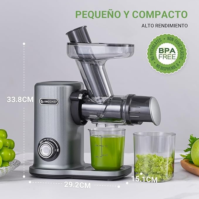 Opiniones AMZCHEF Juicer Compacto: Extractor De Zumos Y Verduras De Alta Tecnología Con Masticación para un Uso Fácil.