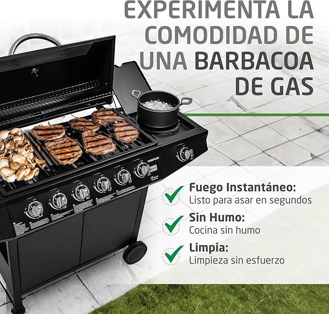 Barbacoa de gas Fireplus 6+1 de 12,9 kW - Acero inoxidable Negro - Parrilla con ruedas Modelo GRILL-6F - Barbacoa XXL. ¡Descubre la mejor manera de disfrutar de una deliciosa comida al aire libre!
