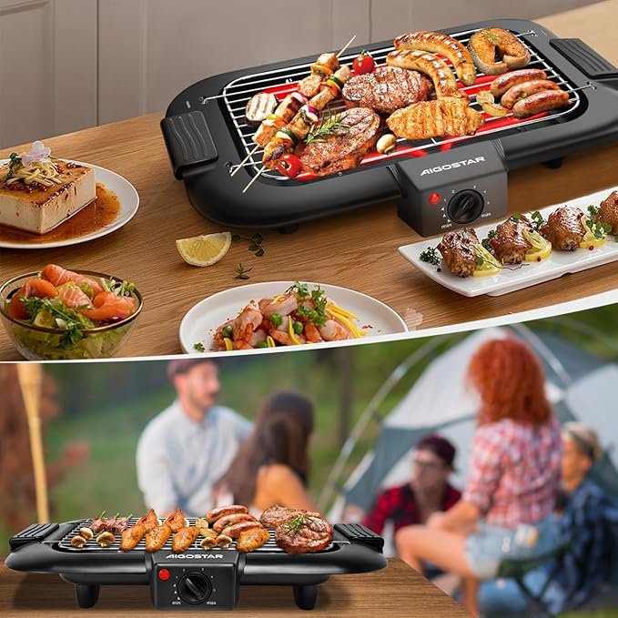 Opiniones Aigostar Tasty - Grill sin humo, plancha de asar, barbacoa eléctrica para interiores, 2000W, tamaño compacto, uso con agua.