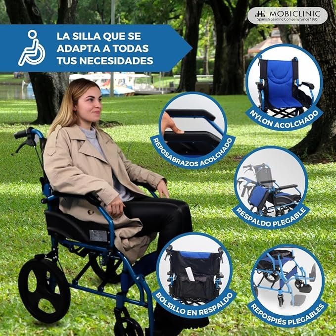 Opiniones Mobiclinic - Silla de ruedas ortopédica modelo pirámide para minuválidos y ancianos - Plegable, Aluminio - Freno en manetas, Reposapiés, Reposabrazos.