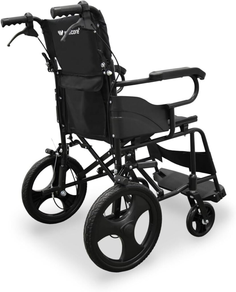 Silla de ruedas plegable para traslado WELLCORE: Opiniones y características. Estructura de acero, Ligera y Compacta, Ruedas macizas, Frenos de maneta, Respaldo abatible.