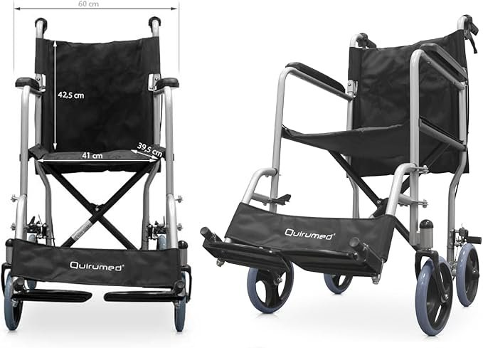 "Compra la silla de ruedas para casa QUIRUMED de tránsito con asiento de 41 cm, ligera y plegable. Incluye un práctico bolsillo portadocumentos. Opiniones y calidad garantizada en cada compra."
