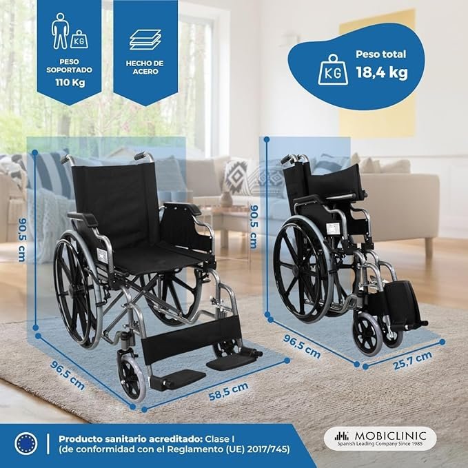 "Silla de ruedas plegable Mobiclinic® Giralda autopropulsable, asiento de 43 cm, hasta 100 Kg, reposapiés extraíbles. Opiniones y valoraciones de usuarios"