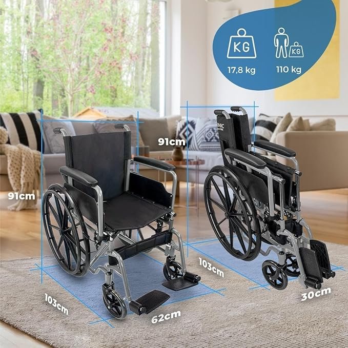 Opiniones Mobiclinic® Silla de ruedas plegable Marsella: Extracción rápida pulsando un botón, Asiento 46 cm, Reposapiés y reposabrazos abatibles.