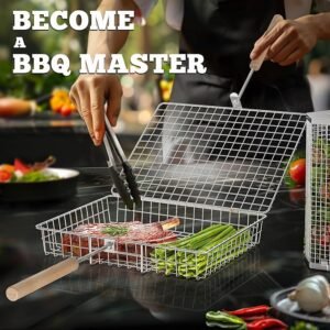 Juego de cestas para parrilla, mango de madera extraíble, acero inoxidable 304, accesorios barbacoa para verduras y camarones - Opiniones Ivtivfu.