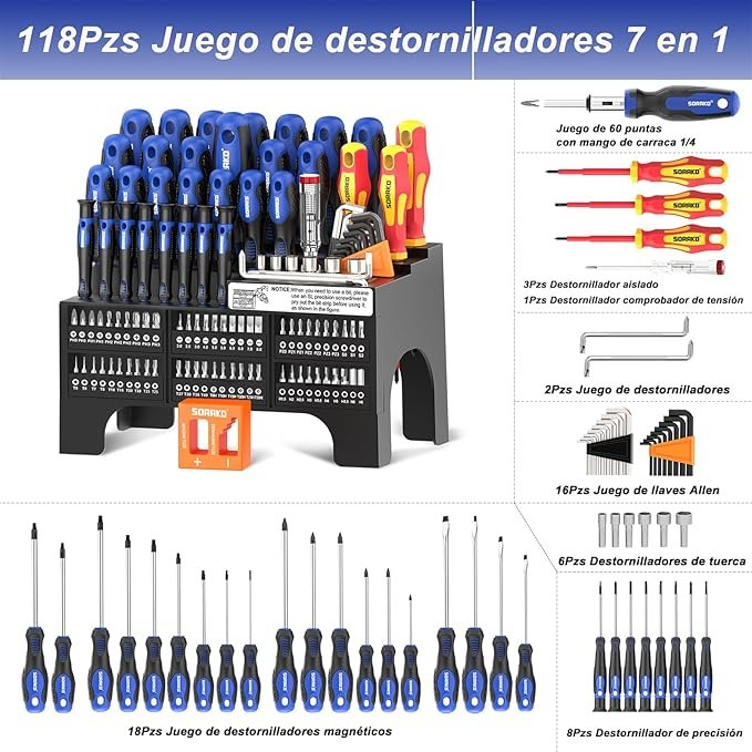 Opiniones SORAKO Juego de destornilladores 118 piezas - Encuentra el mejor set de herramientas para tu hogar - ¡Descubre más detalles aquí!