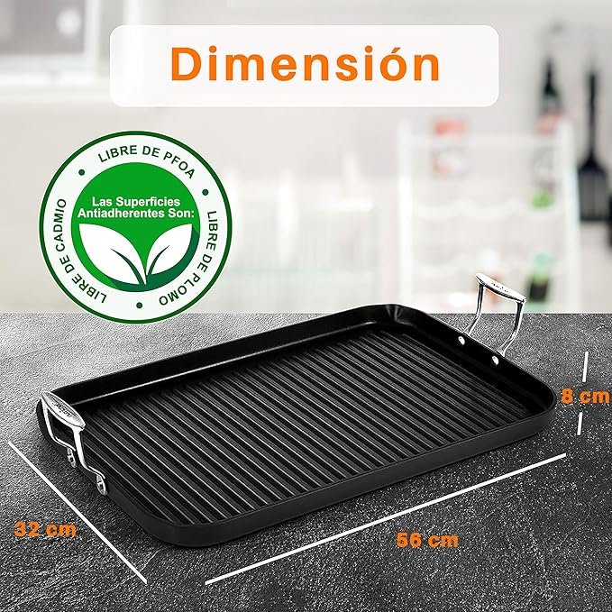 Nutrichef sartén parrilla, Grill, 11”, Cuadrada, Anodizada, Asador, Plancha cocina, Antiadherente, Asas reforzadas.