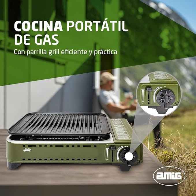 Hornillo Grill Camping Gas Cocina Portatil - Parrilla Fundicion Aluminio con Plancha y Tapa - Opiniones Amig.