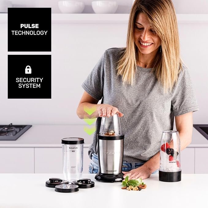 Opiniones Taurus - Batidora Shake & Go 800W | 2 Vasos Portátiles 500ml | Picador 150ml | Cuchillas Intercambiables - Producto de calidad con diseño portátil y potente motor de 800W. Incluye 2 vasos de 500ml ideales para llevar tus batidos a cualquier lugar. Además, cuenta con un picador de 150ml y cuchillas intercambiables. ¡Descubre todo lo que puedes hacer con esta batidora versátil!