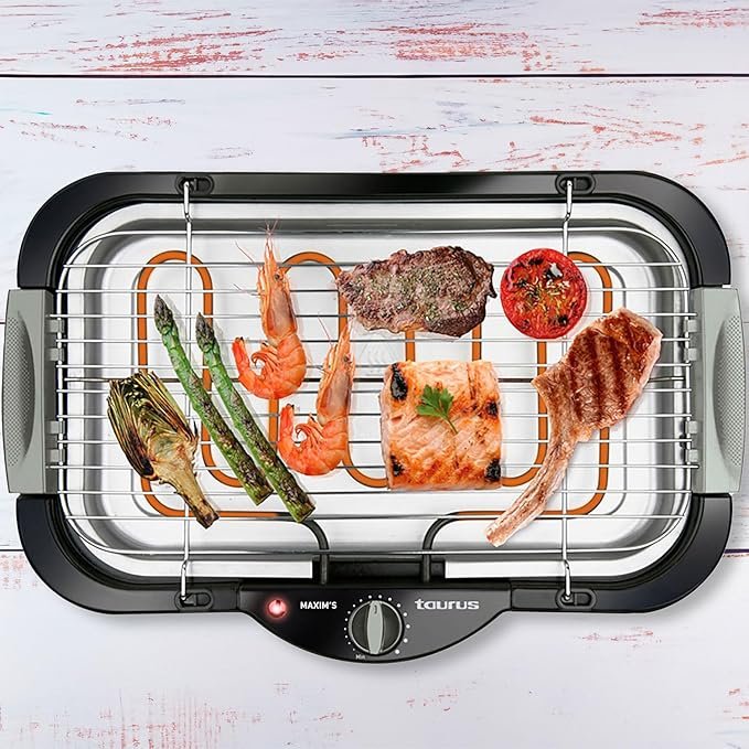 Opiniones Taurus - Barbacoa Eléctrica Maxim's 2400W | Superficie 41x24 cm | Termostato Regulable | Bandeja de Agua Anti-Humo.