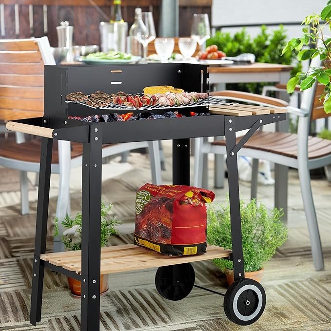 Barbacoa de carbón con ruedas y 2 baldas, rejilla regulable en altura y paravientos de Relaxdays - Opiniones y precio