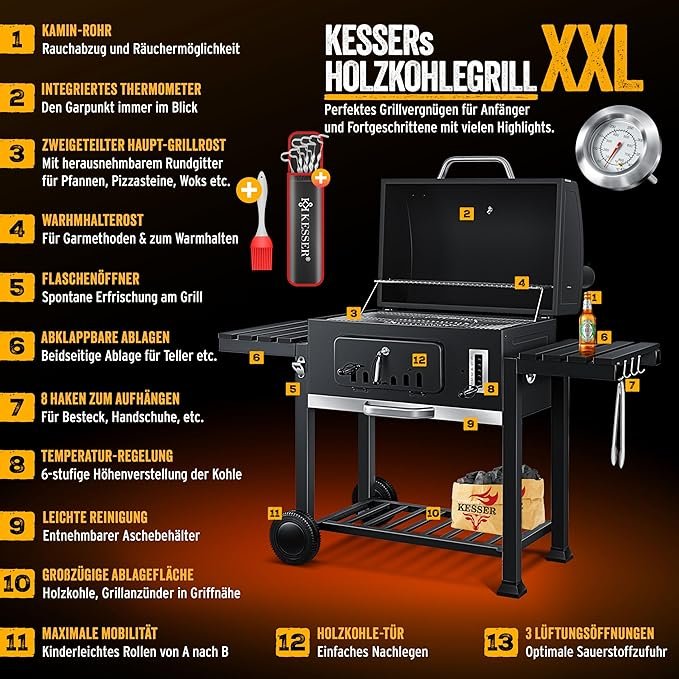 ¡Descubre la parrilla de carbón KESSER® con carrito Grill! Ideal para tus barbacoas, con tapa, ruedas y mango de acero inoxidable. ¡Incluye termómetro de carbón para regular la temperatura! ¡Hazte con la tuya ahora!