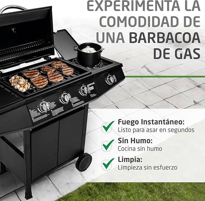 Barbacoa de gas Fireplus 3+1 de 8,4 kW - Acero inoxidable Negro - Parrilla con ruedas Modelo GRILL-3F - Barbacoa XXL con carro. ¡Consigue la mejor barbacoa para tus comidas al aire libre!