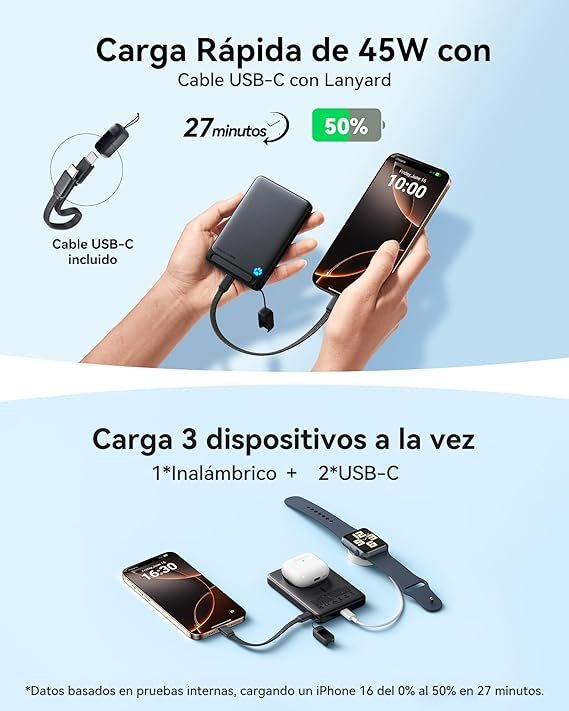 Bateria Externa INIU Qi2-Certificado para Magsafe, 10000mAh 45W Cable PD - Opiniones y características - Compra online en Amazon.