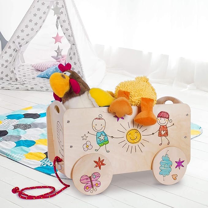 Niños felices: Carrito de madera tirado con ruedas para guardar juguetes