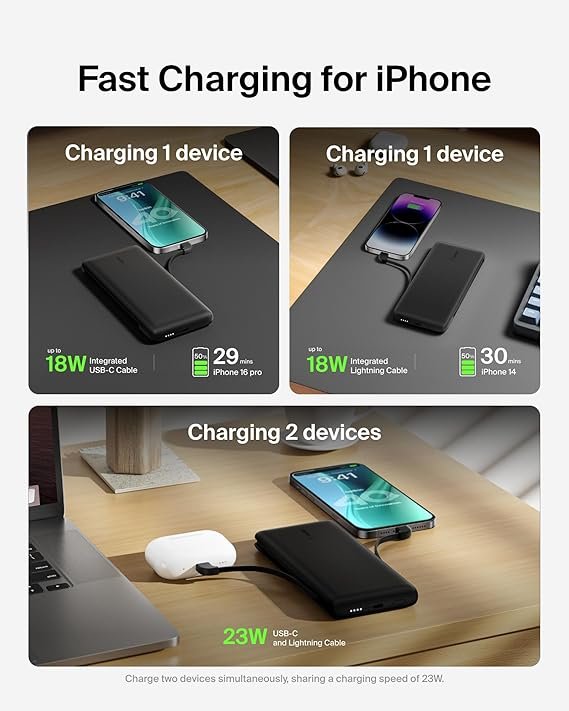 Cargador portátil Belkin BoostCharge Plus con batería externa de 10K mAh y cables integrados Lightning MFI y USB-C. ¡Mantén tus dispositivos cargados en todo momento!