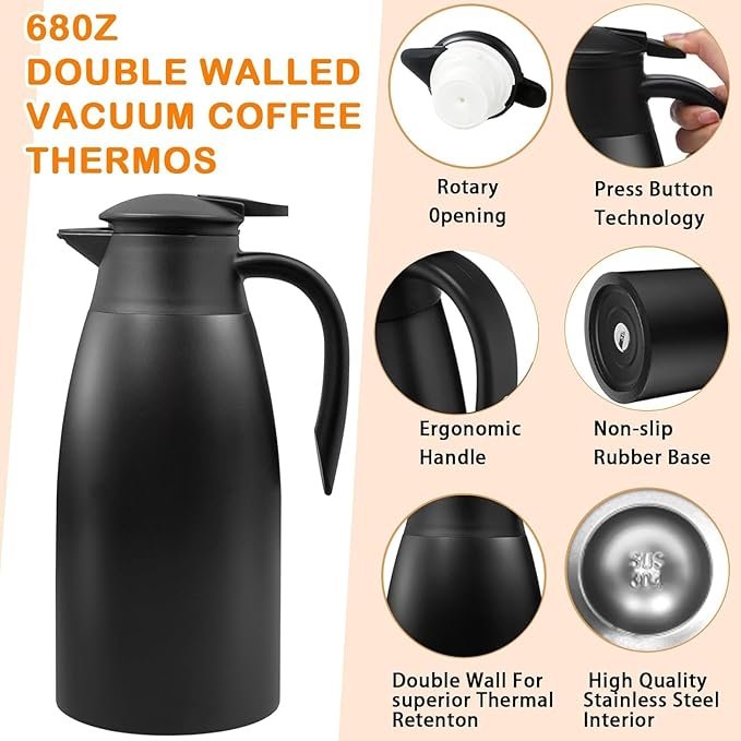 Opiniones - 2 jarras térmicas de acero inoxidable de 68 onzas, termo de vacío de doble pared, termo térmico para café, té - Producto de alta calidad para mantener tus bebidas calientes por más tiempo. ¡Cambia tu experiencia con estas jarras térmicas de acero inoxidable!