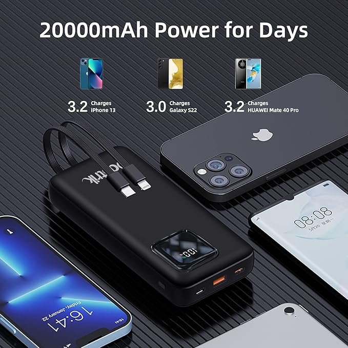 Opiniones Batería Externa 20000mAh 22.5W Power Bank PD3.0 QC4.0 Carga rápida, Construido en Cables duales 4 Salidas - Descubre la mejor batería externa para carga rápida aquí. ¡No te quedes sin energía en tus dispositivos!