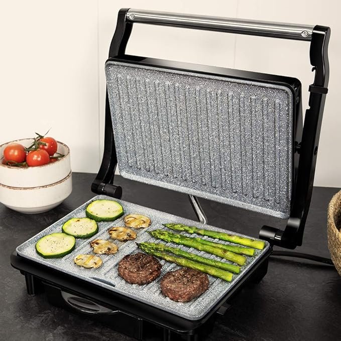 Opiniones Cecotec Parrilla Eléctrica Rock'Ngrill 1500 Rapid, 1500 W, Revestimiento de Piedra Rockstone, Placa Superior Adaptable en Altura - Vista completa del producto con detalles de alta calidad.