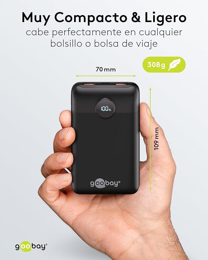 Opiniones goobay – Batería Externa con 20000 mAh, Powerbank compacta con 3 Puertos (2X USB-A y 1x USB-C), Cargador portátil pequeño móvil. ¡Carga tus dispositivos en cualquier lugar y momento con esta batería externa de alta capacidad! Con 3 puertos para cargar varios dispositivos a la vez, esta powerbank es compacta, ligera y perfecta para llevar contigo a todas partes. ¡No te quedes sin batería en tus dispositivos móviles nunca más! #BateríaExterna #Powerbank #CargadorPortátil #20000mAh.