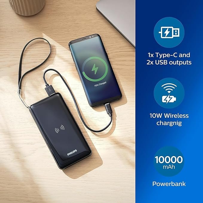 Power Bank PHILIPS DLP1011Q/00 con Carga inalámbrica Qi - 2 x Tipo-C y 2 x Salidas USB - Opiniones y Características